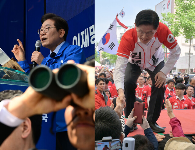 이재명 더불어민주당 대통령 후보가 13일 경북 구미역 광장에서 연설을 하는 동안 경호원이 주위를 살피고 있다.(왼쪽사진) 김문수 국민의힘 대통령 후보가 13일 울산 남구 뉴코아아울렛 앞에서 지지자들과 악수하며 지지를