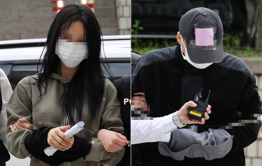 축구 국가대표팀 주장 손흥민의 아이를 임신했다고 주장하며 손씨에게 돈을 뜯어내려 한 20대 여성 양아무개씨(왼쪽)와 40대 남성 용아무개씨가 17일 영장실질심사를 받기 위해 서울중앙지법에 들어서고 있다. 연합뉴스
