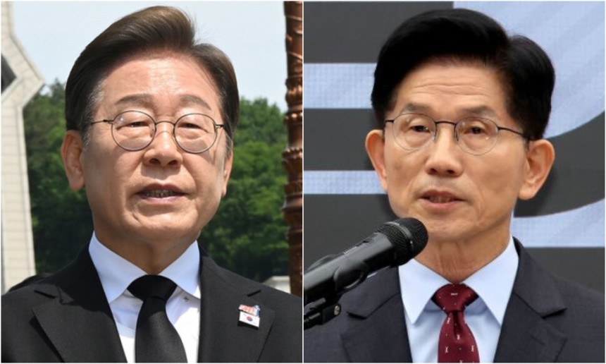 이재명 더불어민주당 대통령 후보가 18일 광주 북구 국립 5·18 민주묘지에서 열린 ‘제45주년 5·18 민주화운동 기념식’에 참석한 뒤 취재진의 질의에 답하고 있다.(왼쪽) 김문수 국민의힘 대통령 후보가 18일 서
