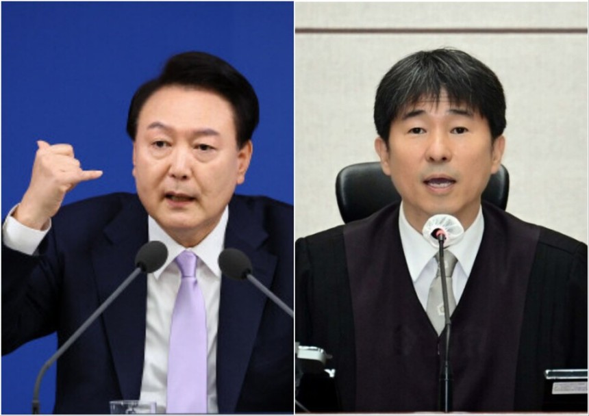 (왼쪽) 윤석열 전 대통령이 지난해 12월7일 서울 용산 대통령실 청사 브리핑실에서 대국민담화 및 기자회견에서 발언하는 모습. (오른쪽) 지귀연 판사가 지난 4월21일 서울 서초구 서울중앙지법 417호 법정에서 열린