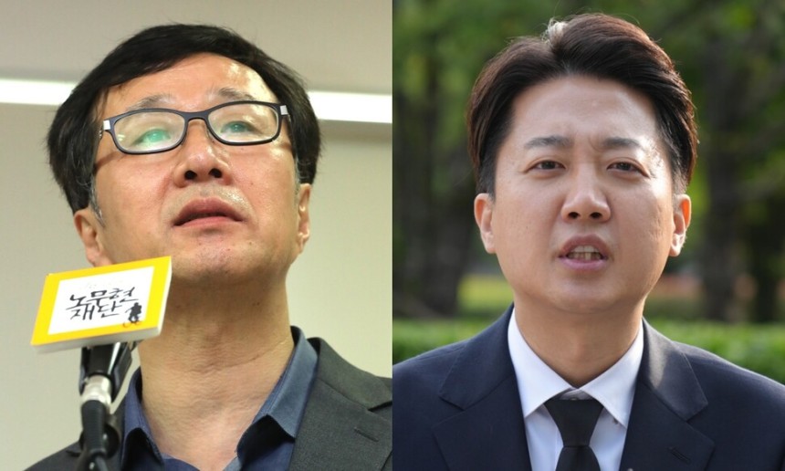 지난 23일 경남 김해시 봉하마을 노무현 전 대통령 묘역을 참배한 뒤 발언 중인 이준석 개혁신당 대통령 후보(오른쪽). 왼쪽은 2019년 4월23일 서울 마포구 노무현재단에서 기자간담회 중인 천호선 전 노무현재단 이