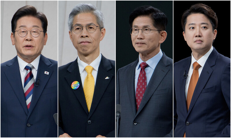 이재명 더불어민주당(왼쪽부터)·권영국 민주노동당·김문수 국민의힘·이준석 개혁신당 대통령 후보가 제21대 대통령 선거를 일주일 앞둔 27일 저녁 서울 상암동 문화방송(MBC)에서 열린 대통령 후보자 초청 3차 토론회 