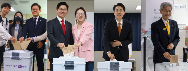 제21대 대통령선거 사전투표 첫째날인 29일 오전 대통령 후보들이 사전투표에 나섰다. 이재명 더불어민주당 대통령 후보와 대학생들(왼쪽부터), 김문수 국민의힘 후보와 딸, 이준석 개혁신당 후보, 권영국 민주노동당 대통