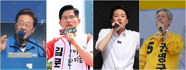 21대 대통령 선거를 이틀 앞둔 1일 이재명 더불어민주당 대통령 후보(왼쪽부터)가 울산 동구 일산해수욕장 교차로 인근에서, 김문수 국민의힘 대통령 후보가 경기 남양주시 다산역 2번출구 앞에서, 이준석 개혁신당 대통령