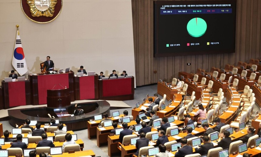 지난 5일 오후 열린 국회 본회의에서 ‘윤석열 전 대통령 등에 의한 내란·외환 행위의 진상규명을 위한 특별검사 임명 등에 관한 법률안’(내란 특검법) 수정안이 통과되고 있다. 윤운식 선임기자 yws@hani.co.k