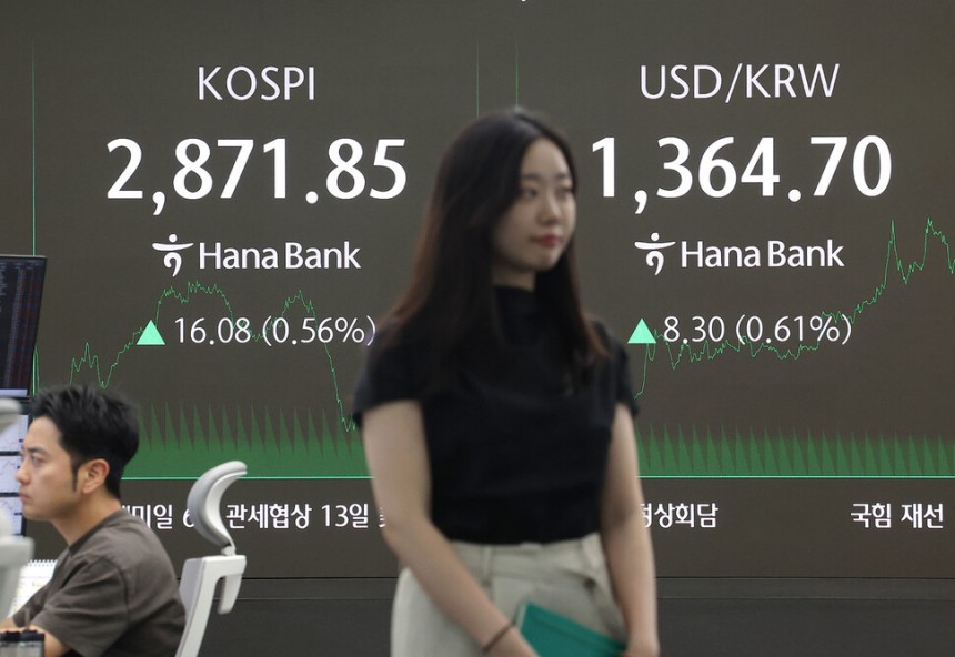코스피가 전장보다 16.08 오른 2871.85로 마감한 10일 오후 서울 중구 하나은행 딜링룸에서 딜러들이 업무를 보고 있다. 연합뉴스