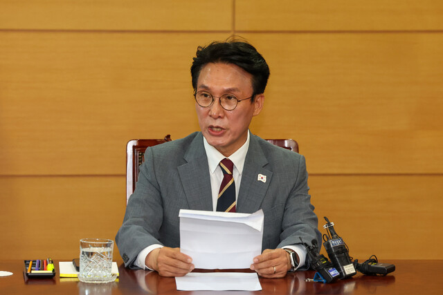 김민석 국무총리 후보자가 10일 오전 서울 종로구 금융감독원 연수원에서 기자간담회를 하고 있다. 김영원 기자 forever@hani.co.kr