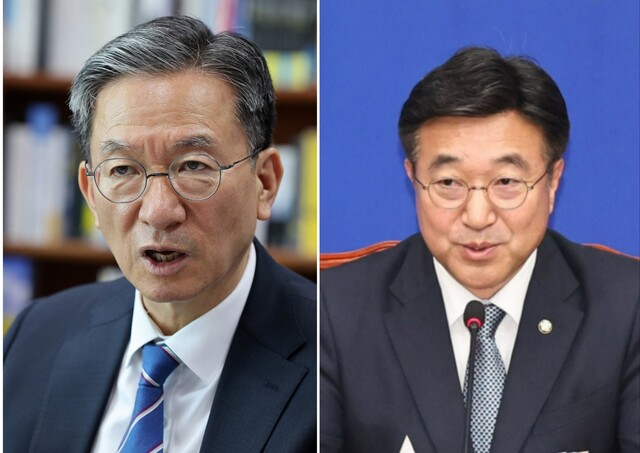 더불어민주당 소속 정성호 의원(왼쪽)과 윤호중 의원. 한겨레 자료사진