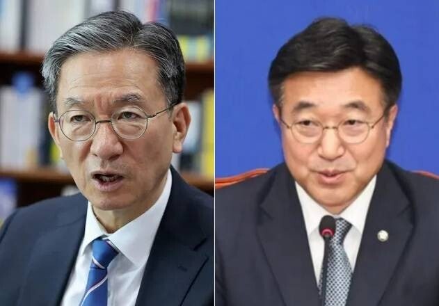 더불어민주당 소속 정성호 의원(왼쪽)과 윤호중 의원. 한겨레 자료사진