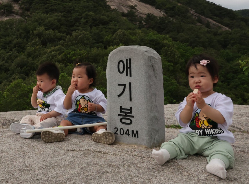 베이비 하이킹 클럽 이찬이군(왼쪽부터), 최가온양, 김서라양이 19일 오후 경기도 남양주시 불암산 애기봉에 떡뻥을 먹고 있다. 백소아 기자 thanks@hani.co.kr
