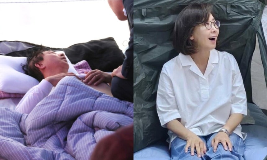 (왼쪽) 2018년 5월9일 ‘드루킹 댓글 조작 사건’에 대한 조건 없는 특검 관철을 주장하며 7일째 단식농성 중인 김성태 자유한국당 원내대표가 누워 있는 농성장에서 원유철 자유한국당 의원이 김 의원의 몸상태를 살펴
