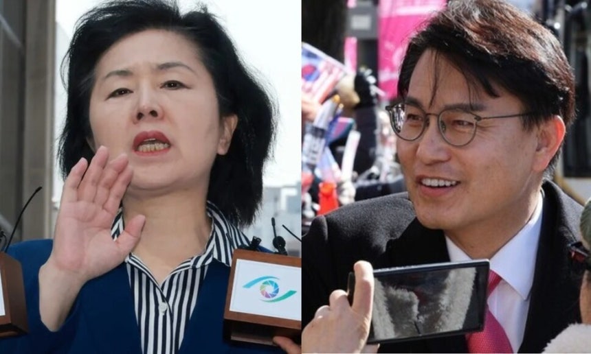 국민의힘 김영선 전 의원과 윤상현 의원. 김혜윤 기자 unique@hani.co.kr, 공동취재사진