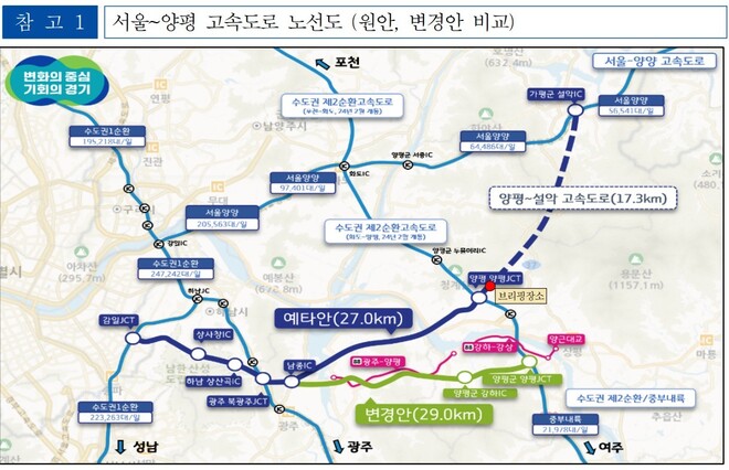 서울∼양평 고속도로 원안, 대안 노선 변경안 비교 노선도. 경기도 제공
