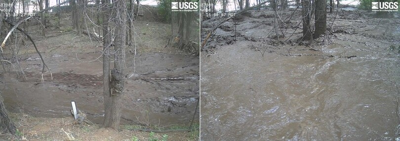 8일, 미국지질조사국(USGS)의 제공 사진을 바탕으로 국립기상청이 엑스(X)를 통해 공개한 사진. 뉴멕시코 루이도소 근처의 ‘리오 루이도소’ 강 수위가 얼마나 빨리 상승했는지 보여 준다. 왼쪽은 오후 3시30분(현