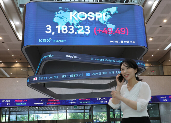 코스피가 연일 연고점을 경신한 10일 서울 여의도 한국거래소 전광판에 코스피가 표시돼 있다. 이날 코스피는 전장보다 49.49포인트(1.58%) 오른 3,183.23에 장을 마쳤다. 연합뉴스