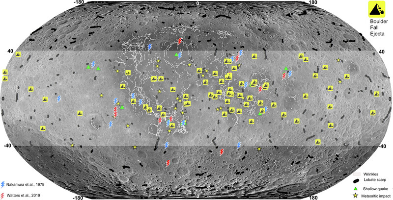 달 북위 40도~남위 40도 사이의 암석 낙하 분출물 분포도. 이카루스