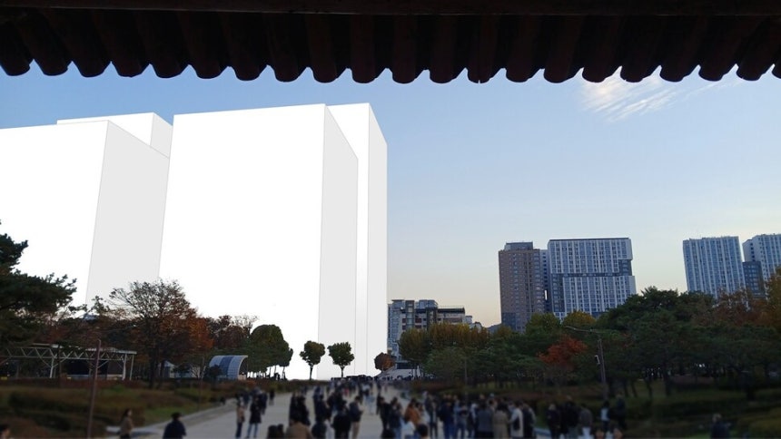 유네스코 세계유산 종묘 앞에 140m 이상 초고층 빌딩이 들어선 모습을 보여주는 가상도.국가유산청이 지난 17일 공개한 도판으로,종묘의 정문인 외대문에서 바라본 시점이다.국가유산청 제공