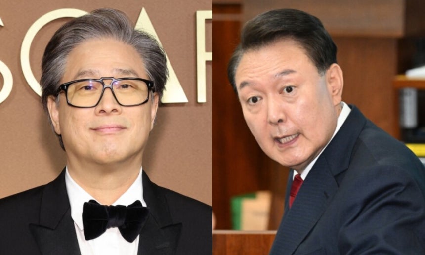 11월17일(현지시각) 미국 로스앤젤레스(LA) 할리우드 레이 돌비 볼룸에서 열린 제16회 거버너스 어워즈에 참석한 박찬욱 감독(왼쪽)과 지난 4월21일 서울 서초동 서울중앙지법에서 열린 내란 우두머리 혐의 형사재판