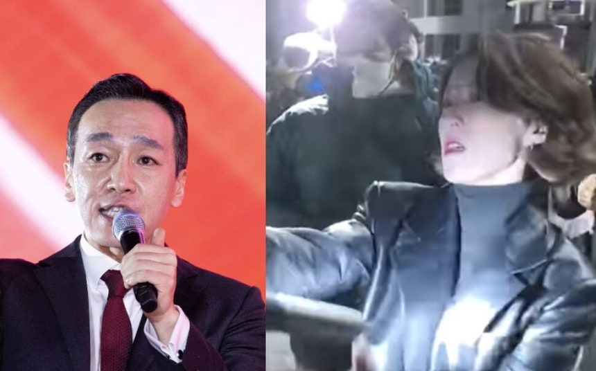 김민수 국민의힘 최고위원(왼쪽). 12·3 내란사태 당시 더불어민주당 대변인이었던 안귀령 대통령실 부대변인이 계엄군이 든 총을 손으로 막는 모습(오른쪽). 연합뉴스, 제이티비시(JTBC) 영상 갈무리