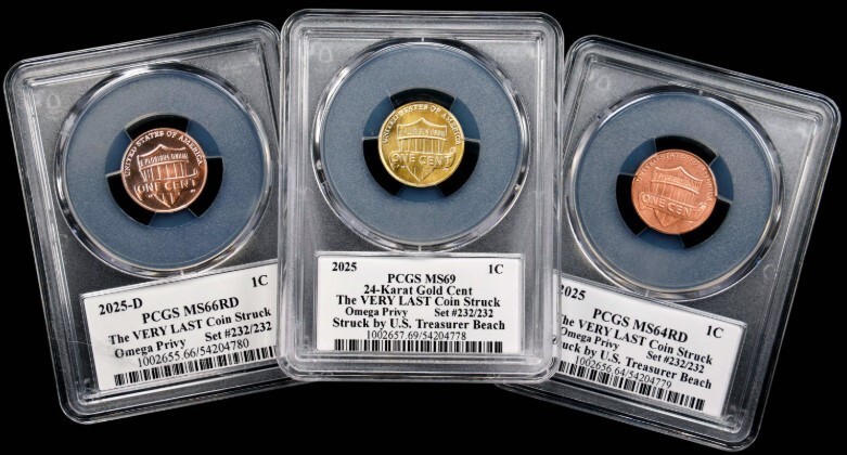 12일 경매에 부쳐진 미국에서 마지막으로 주조된 1센트 동전 3종 세트의 모습이다.스택스보워스 누리집 갈무리