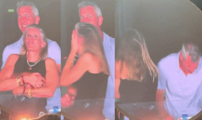 앤디 바이런 아스트로노머 최고경영자가 지난 7월16일 미국 매사추세츠주 보스턴에서 열린 콜드플레이 콘서트에서 같은 회사 최고인사책임자 크리스틴 캐벗을 등 뒤에서 안고 있다(왼쪽 사진) 연합뉴스