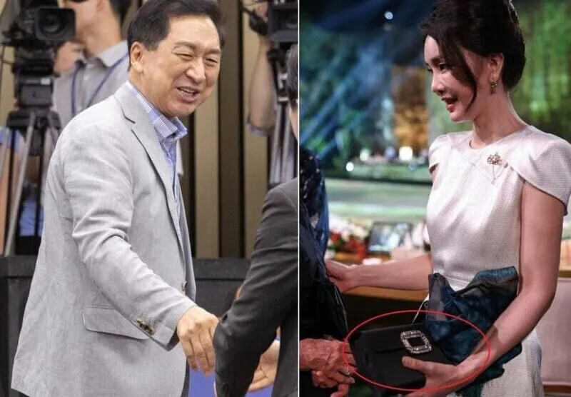 지난 8월27일 국회에서 열린 국민의힘 의원총회에 참석하는 김기현 국민의힘 의원(왼쪽).오른쪽은 김건희 여사가 2022년 주요 20개국(G20) 환영 만찬에서 로저 비비에 브랜드의 클러치백을 든 모습.연합뉴스