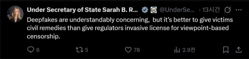 사라 로저스 미 국무부 공공외교 차관은 30일(현지시각) 소셜미디어 엑스에 한국의 정보통신망법 개정안을 문제 삼으며 올린 글.엑스 갈무리