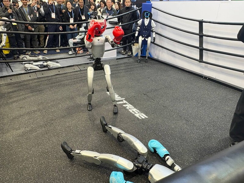 중국 유니트리의 로봇‘유니트리 지(G)1’가 권투를 하는 모습.권효중 기자