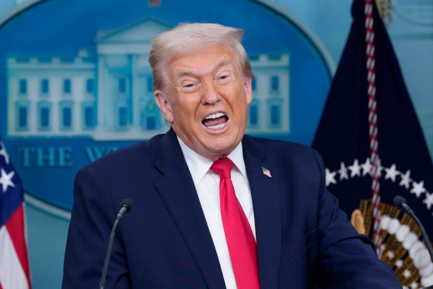 집권 2기 취임 1주년을 맞은 20일(현지시각) 미국 워싱턴 백악관 제임스 S.브래디 기자회견실에서 열린 브리핑에서 도널드 트럼프 미국 대통령이 발언하고 있다.워싱턴/UPI 연합뉴스