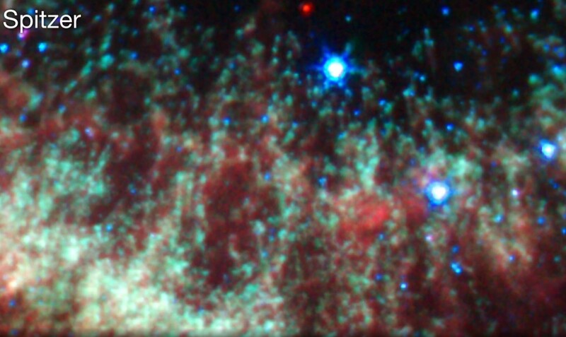 제임스웹우주망원경으로 촬영한 영역과 같은 곳을 스피처우주망원경으로 촬영한 사진.미국항공우주국 제공