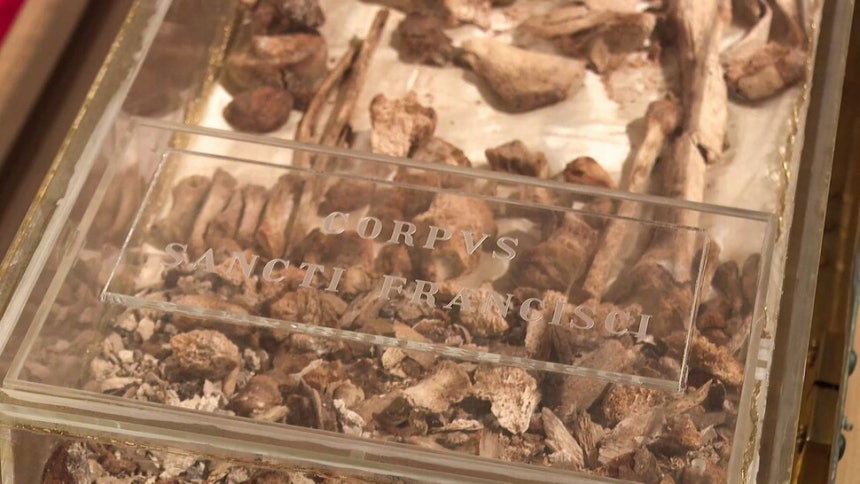 21일(현지시각) 이탈리아 아시시 성 프란체스코 성당에 언론에 먼저 공개된 ‘아시시의 프란체스코’ 성인의 유해 중 다리 부분. AFP 연합뉴스