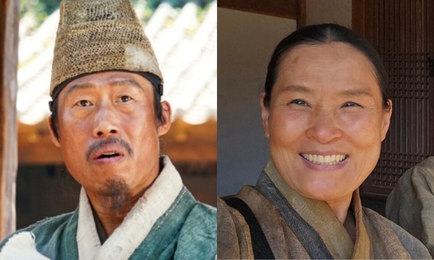 영화 ‘왕과 사는 남자’에서 엄흥도 역할을 맡아 연기한 배우 유해진. 오른쪽은 영화 ‘왕과 사는 남자’에 출연한 엄흥도 직계 후손인 배우 엄춘미(57). 쇼박스, 엄춘미 제공