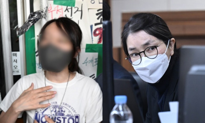 이른바 ‘성조기 여성’ ㄱ씨(왼쪽)와 김건희 여사. 사진공동취재단