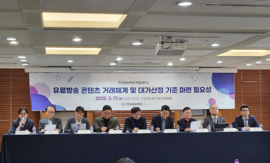 원본보기  '유료방송 콘텐츠 거래체계 및 대가산정 기준 마련 필요성' 세미나에서 패널들이 토론하고 있다. 김나인 기자