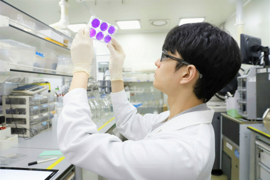 SK바이오사이언스 연구원이 조류독감 백신 후보물질에 대한 분석 실험 중이다.SK바이오사이언스 제공.