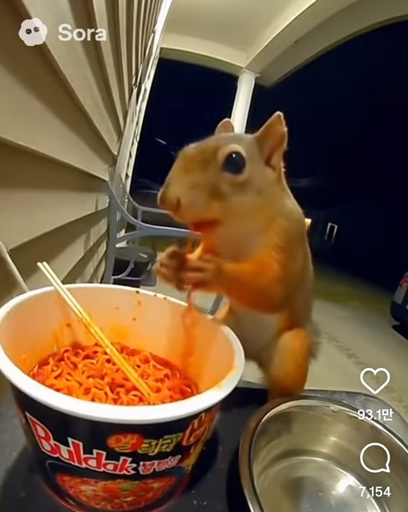 다람쥐가 불닭볶음면을 먹고 있는 영상. 인공지능(AI)으로 제작된 콘텐츠인데, 조회수가 1억뷰에 이른다. [인스타그램 갈무리]