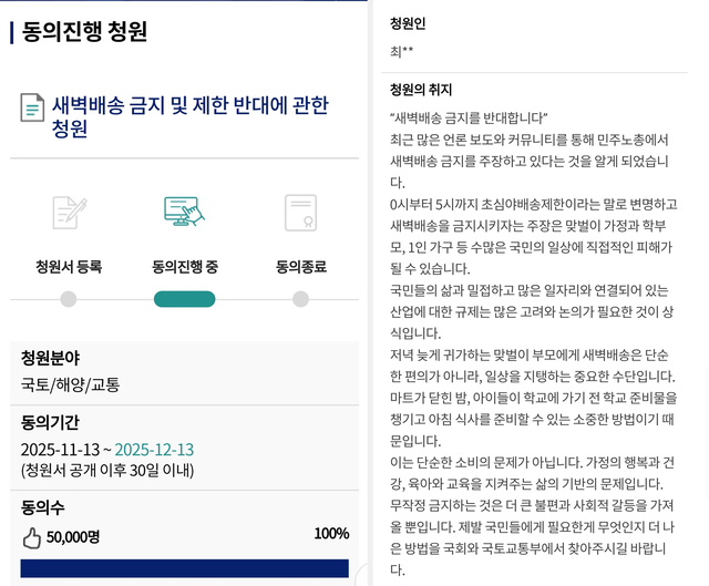 지난 11월 13일 국회 ‘국민동의 청원’ 게시판에 공개된 ‘새벽배송 금지 및 제한 반대에 관한 청원’ 글이 게재 30일 이내인 12월 6일 오후 9시50분쯤 청원동의 5만명을 돌