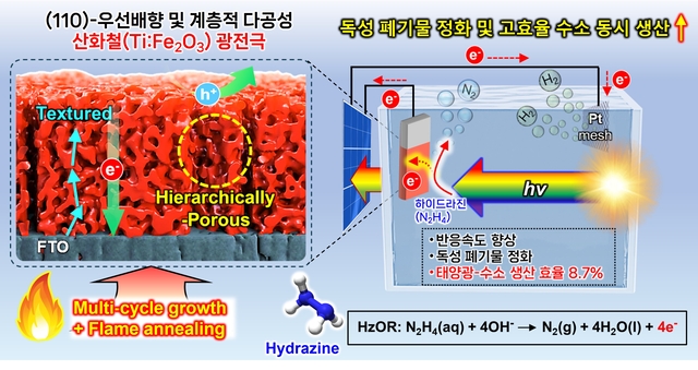 헤마타이트 광전극과 하이드라진 산화 기반 광전기화학 수소 생산 개념도.