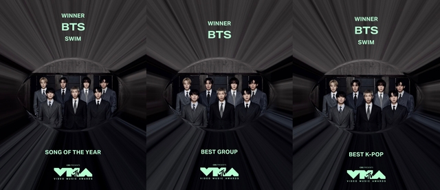 그룹 방탄소년단(BTS)이 28일 미국 로스엔젤레스 피콕 극장에서 열린 ‘2026 MTV 비디오 뮤직 어워즈(VMA)’에서 대상 격인 ‘올해의 노래’를 거머쥐며 3개 부문을 휩쓸었다. 빅히트 뮤직 제공