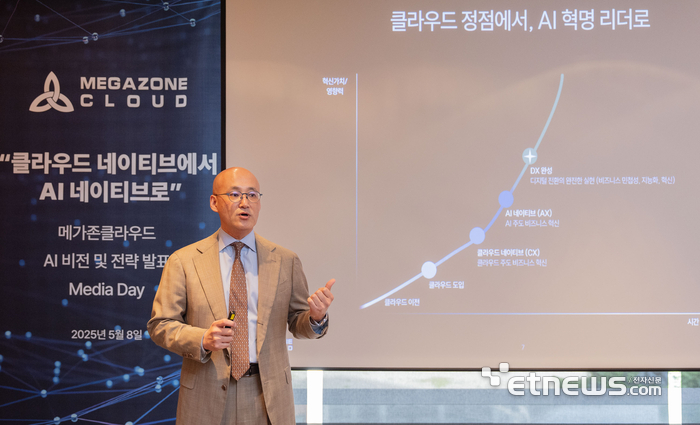 염동훈 메가존클라우드 대표가 8일 진행한 언론 간담회에서 새로운 AI 비전과 전략을 발표하고 있다.[사진= 메가존클라우드 제공]