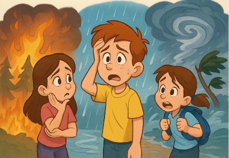우리가 몰랐던 기후변화의 거대한 소용돌이에 어쩔 줄 몰라하는 사람들.(AI로 생성)