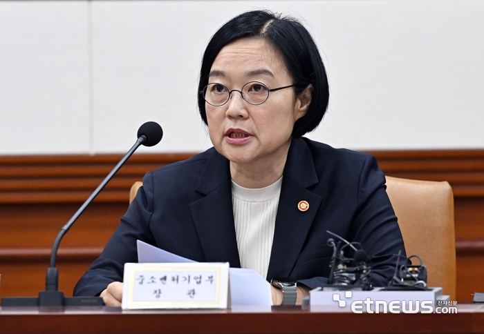 한성숙 중소벤처기업부 장관이 3일 서울 종로구 정부서울청사에서 열린 경제관계장관회의 겸 산업경쟁력강화 관계장관회의에서 모두발언하고 있다.  이동근기자 foto@etnews.com