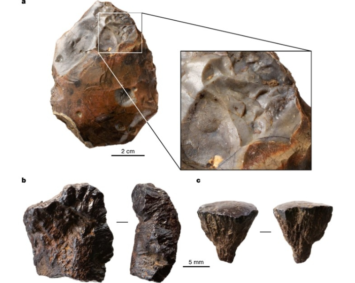 영국 동부 서퍽의 구석기 시대 유적지 바넘에서 발견된 손도끼와 황철석 조각.사진=네이처