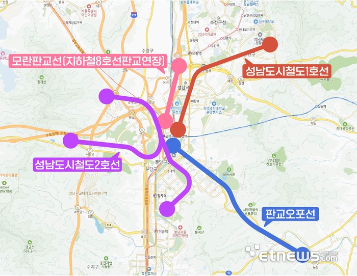 경기도 도시철도망 구축계획에 반영된 성남시 4개 도시철도 노선.