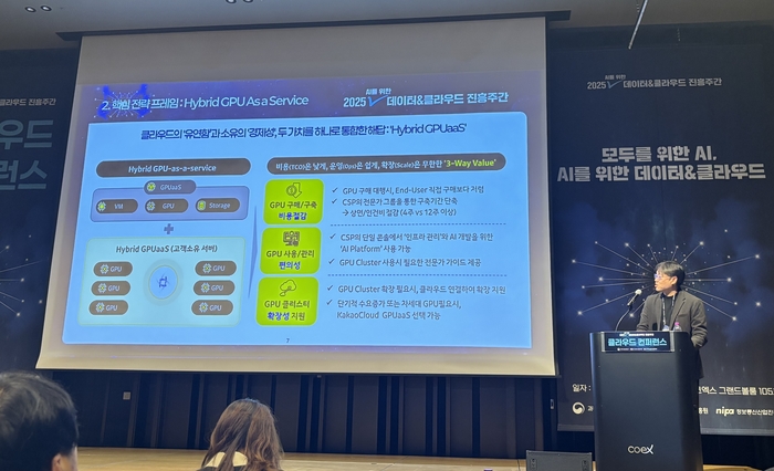이재한 카카오엔터프라이즈 클라우드부문 사업본부장이 16일 '2025 AI를 위한 데이터&클라우드 진흥주간' 행사에서 AI 인프라의 새로운 대안인 '하이브리드 GPUaaS'의 구축 방안과 사례를 발표했다.