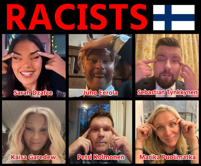 사라 자프체를 옹호하기 위해 눈 찢기 제스처를 한 사진을 SNS에 올린 핀란드 정치인들.사진=엑스 캡처