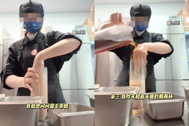 중국의 유명 음료 프랜차이즈의 한 직원이 맨손으로 음료를 만드는 장면을 직접 촬영해 현지에서 논란이 됐다.사진=웨이보 캡처