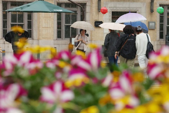 전국적으로 비가 내린 1일 서울 종로구 세종로사거리에 심어진 화단 뒤로 우산을 쓴 시민들이 길을 지나고 있다.[사진=연합뉴스]