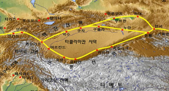타클라마칸 사막 실크로드 지도.[사진=윤영선]