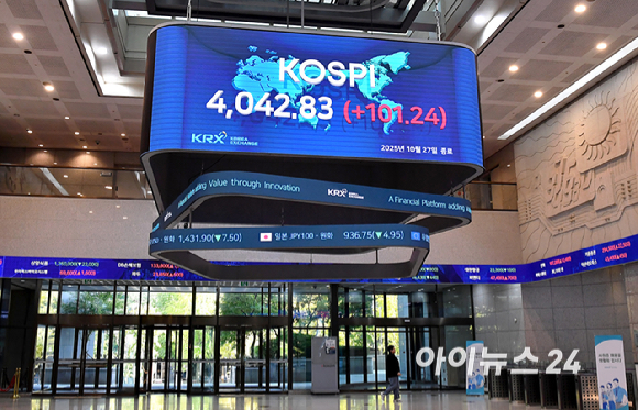 코스피 지수가 사상 처음 종가 기준 4000선을 넘은 27일 서울 영등포구 한국거래소에 코스피 지수가 표시되고 있다. [사진=곽영래 기자]